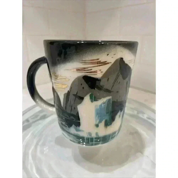 Vtg Mid-Century Matthew Adams Mug - Blue/White Mountains Northern Lights - Picture 1 of 14
